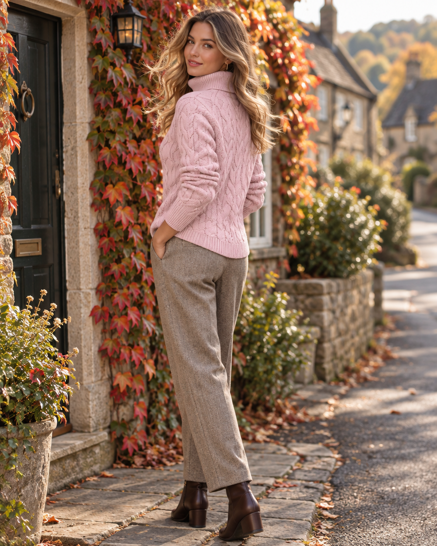 Slim-fit turtleneck knit sweater in a cosy UK village in early autumn