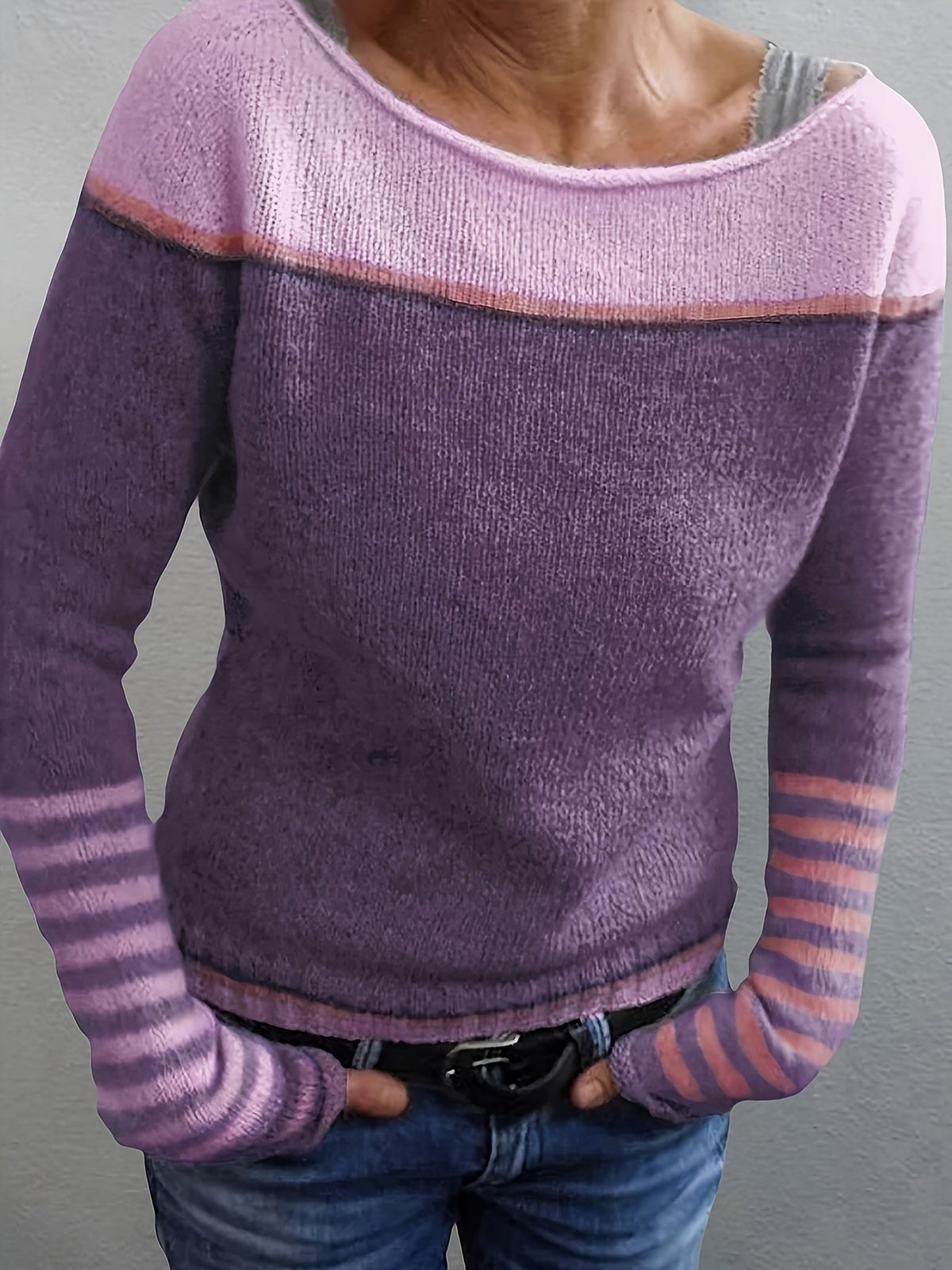 Colour-Block Striped Jumper in Purple