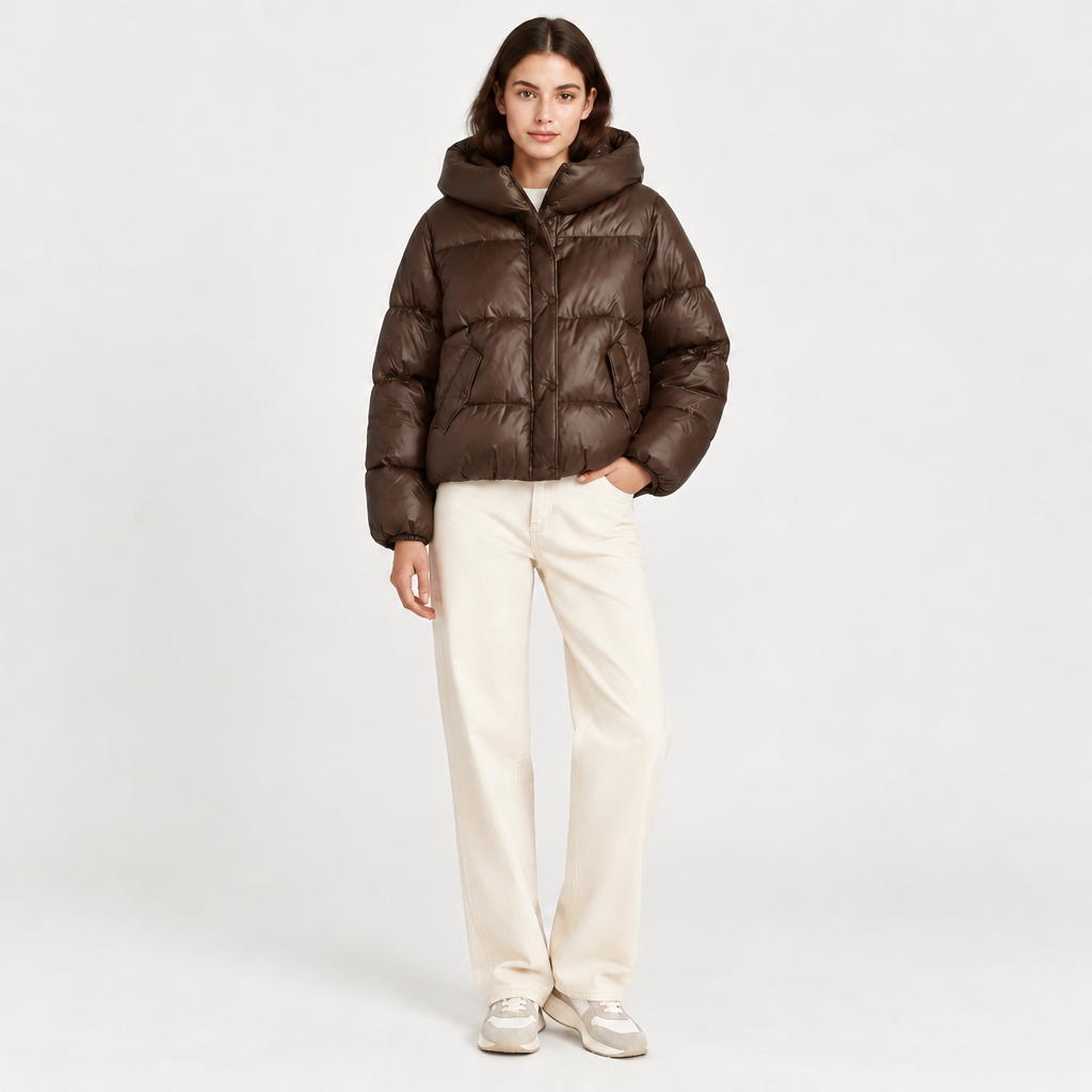 Cropped Puffer Jacket in Brown
