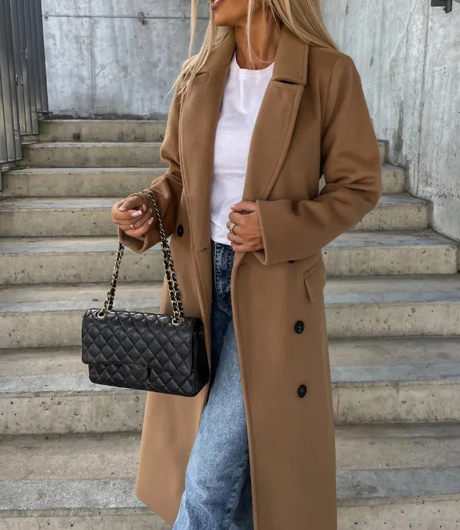 Long Lapel Button Coat in Light Brown