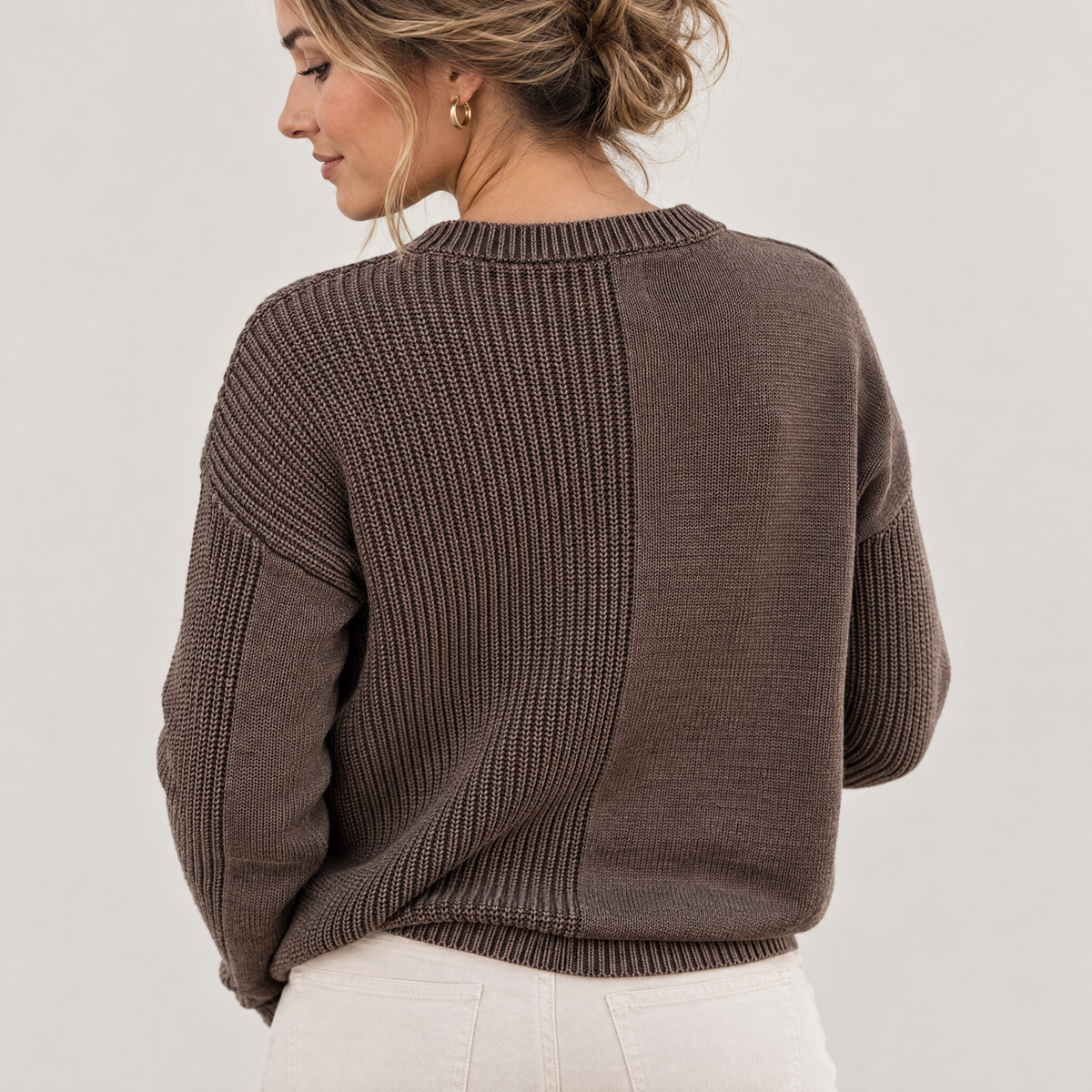 Mixed Knit Crew Neck Sweater with Pocket in Chocolate