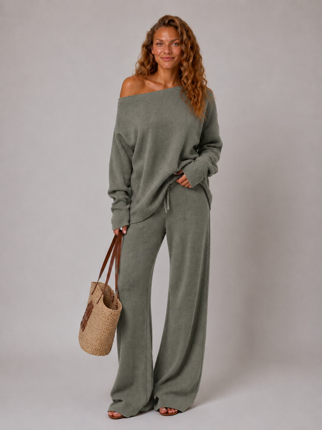 Off-Shoulder Jumper and Wide-Leg Trousers Lounge Set, view 13