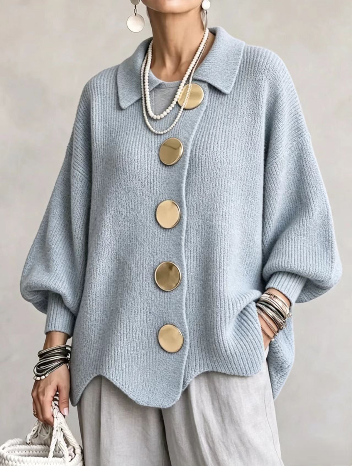 Oversized Lantern Sleeve Button Cardigan in Light Blue