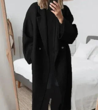 Relaxed Double-Breasted Long Coat in Black