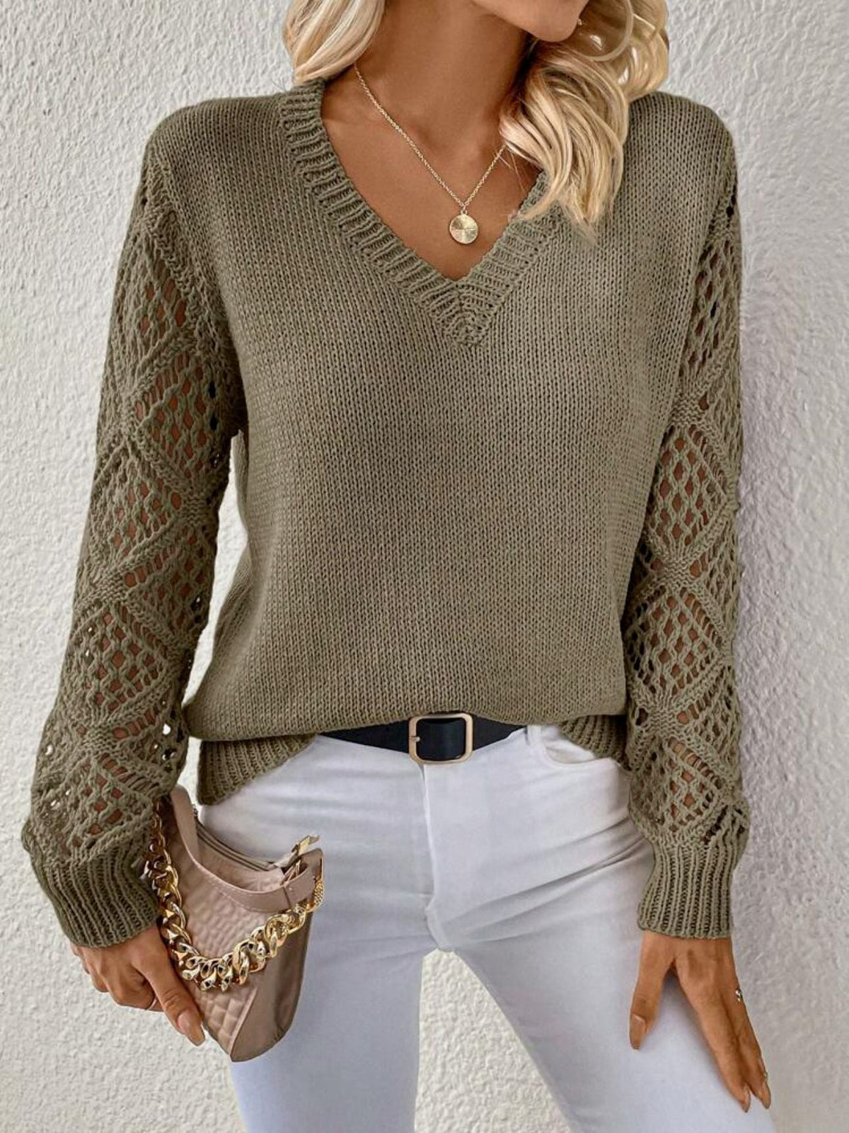 Soft V-Neck Sweater with Pointelle Sleeves in Green