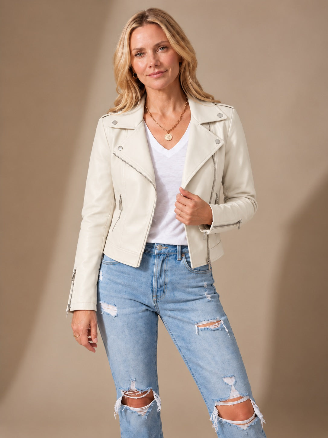Women's faux leather moto jacket in White