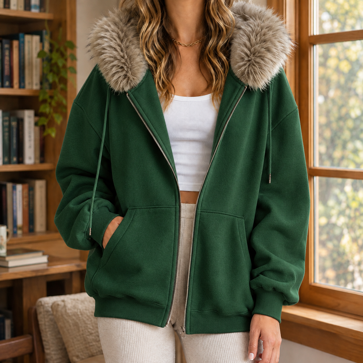 Kasia | Women's Oversized Faux Fur Hood Zip Hoodie