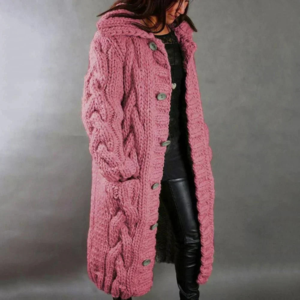Hollis | Women's Long Hooded Chunky Cable Knit Cardigan