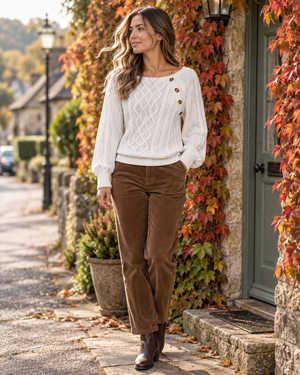 Malia buttoned knit sweater styled for a cosy autumn knitwear care guide
