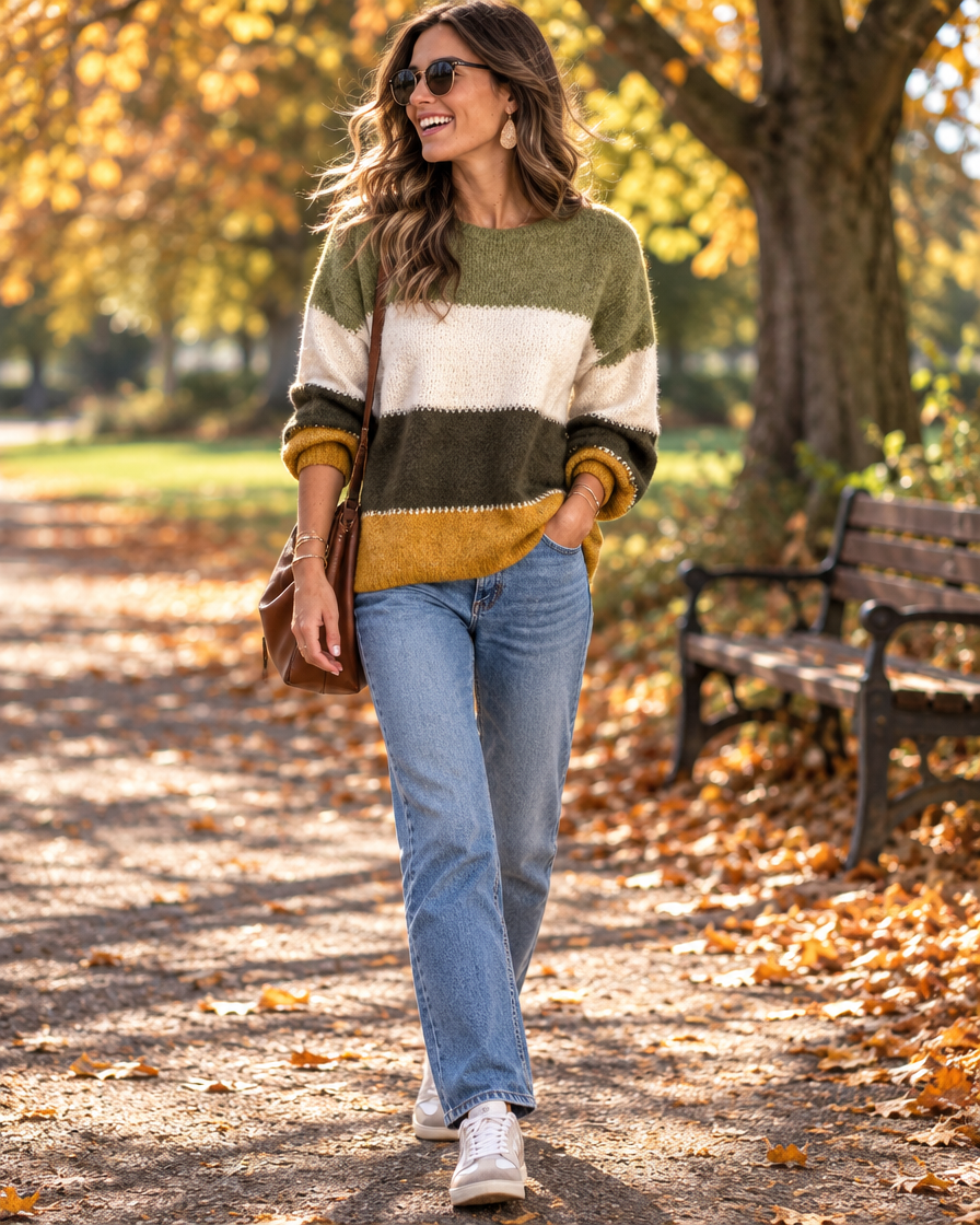 Retro crew-neck knit sweater on an autumn park walk in the UK
