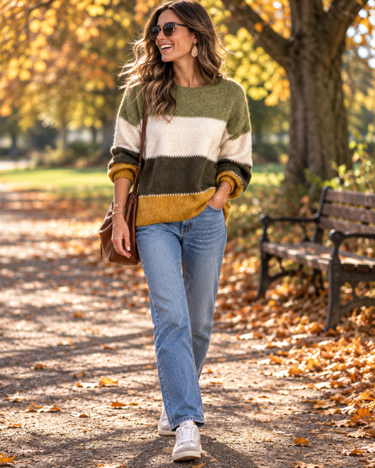 Retro crew-neck knit sweater on an autumn park walk in the UK