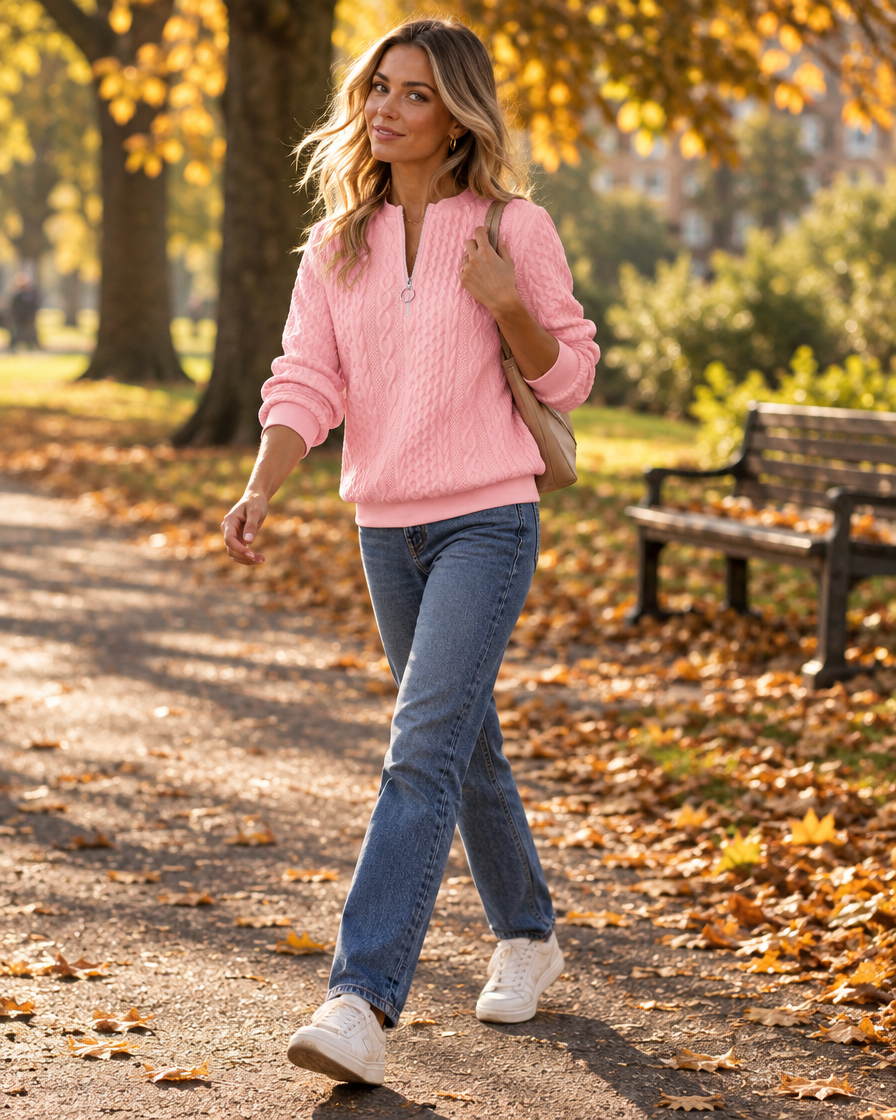 Zip-up cable knit sweater on an autumn park walk in the UK