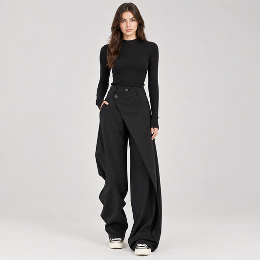Woman wearing the Asymmetric Wrap Front Wide-Leg Trousers