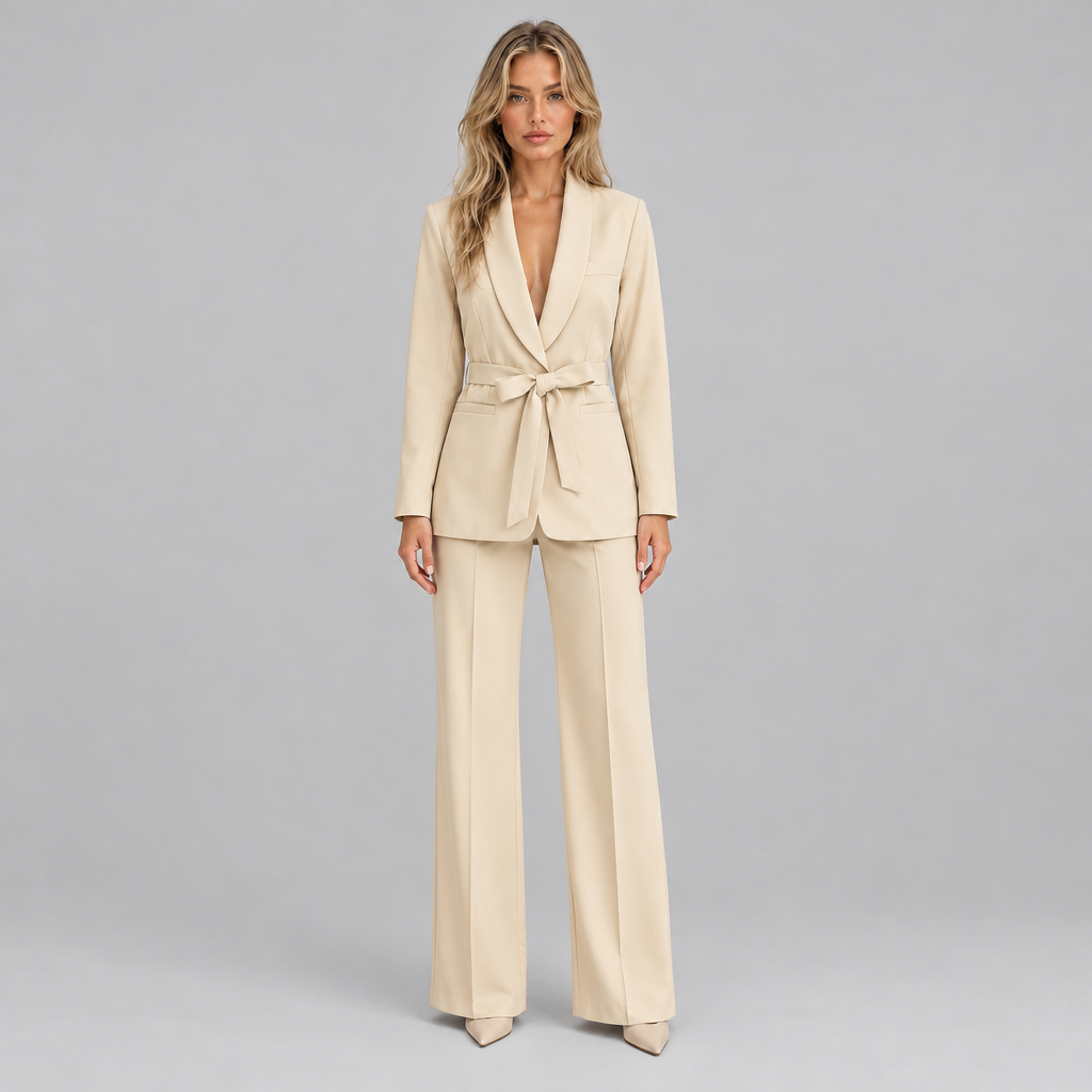 Woman wearing the Belted Blazer and Wide-Leg Trousers Suit Set