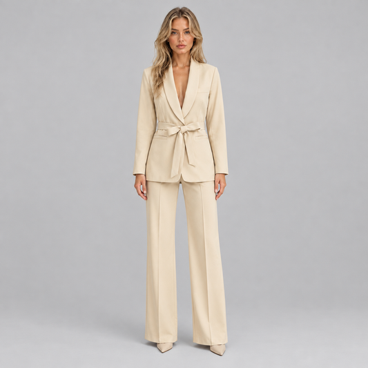 Woman wearing the Belted Blazer and Wide-Leg Trousers Suit Set