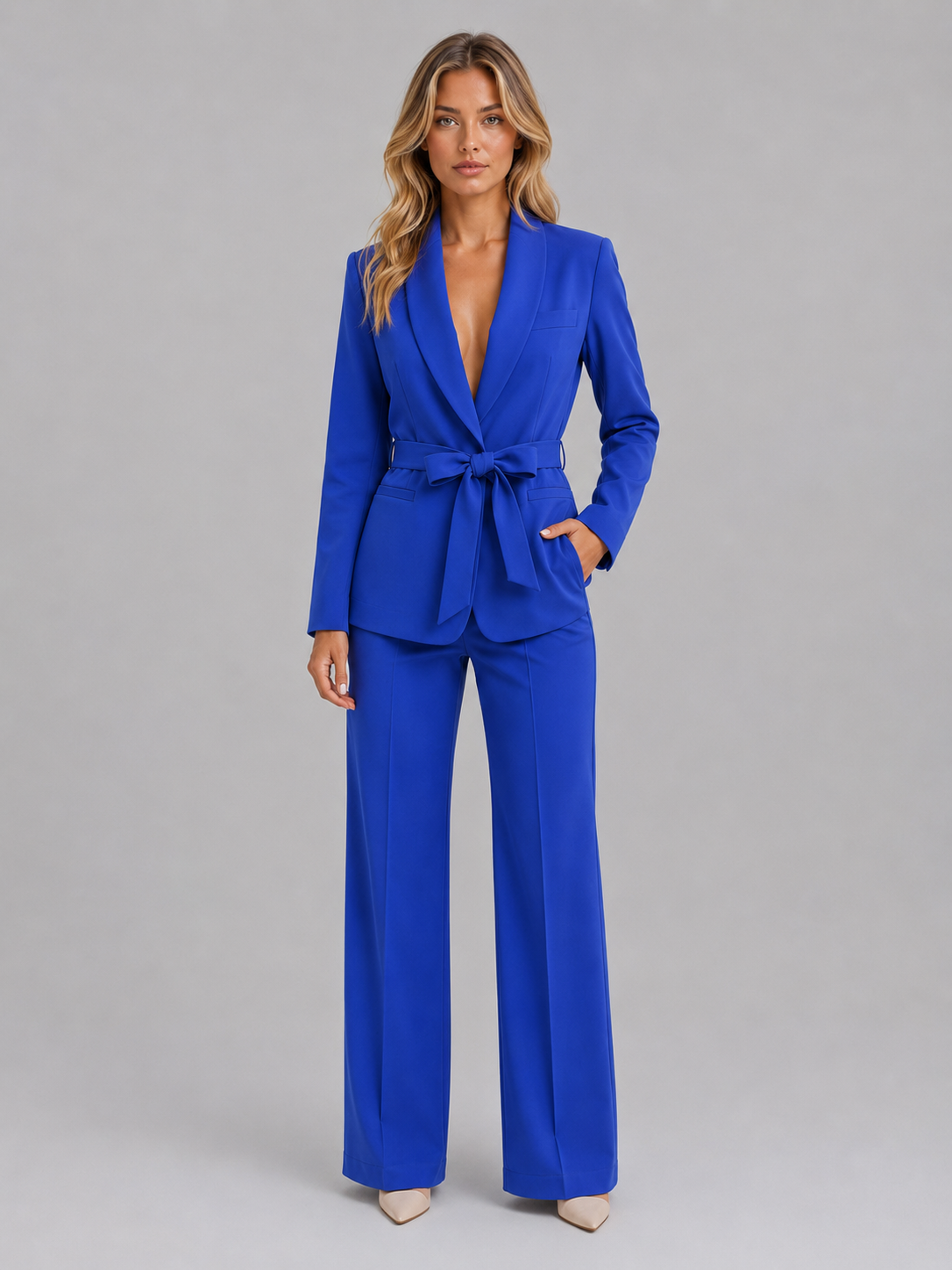 Belted Blazer and Wide-Leg Trousers Suit Set, view 10