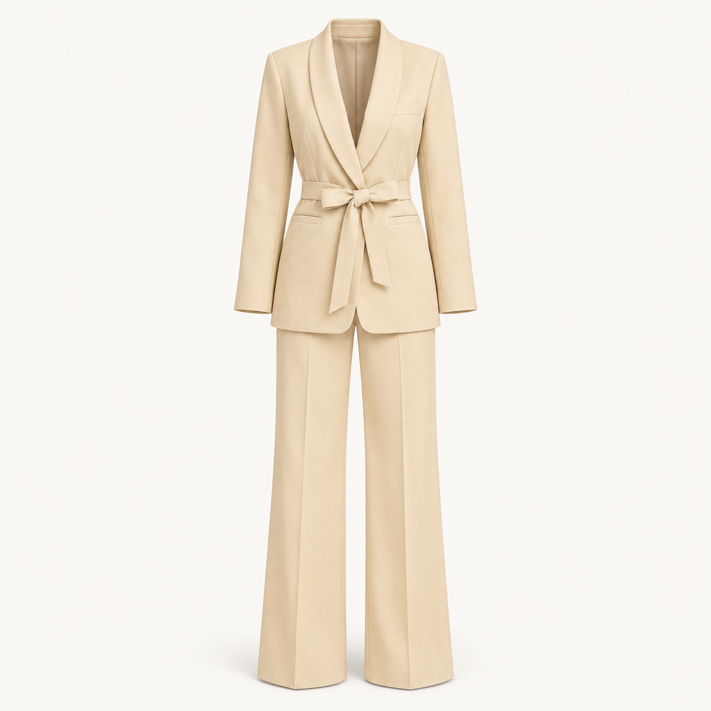 Belted Blazer and Wide-Leg Trousers Suit Set, view 2