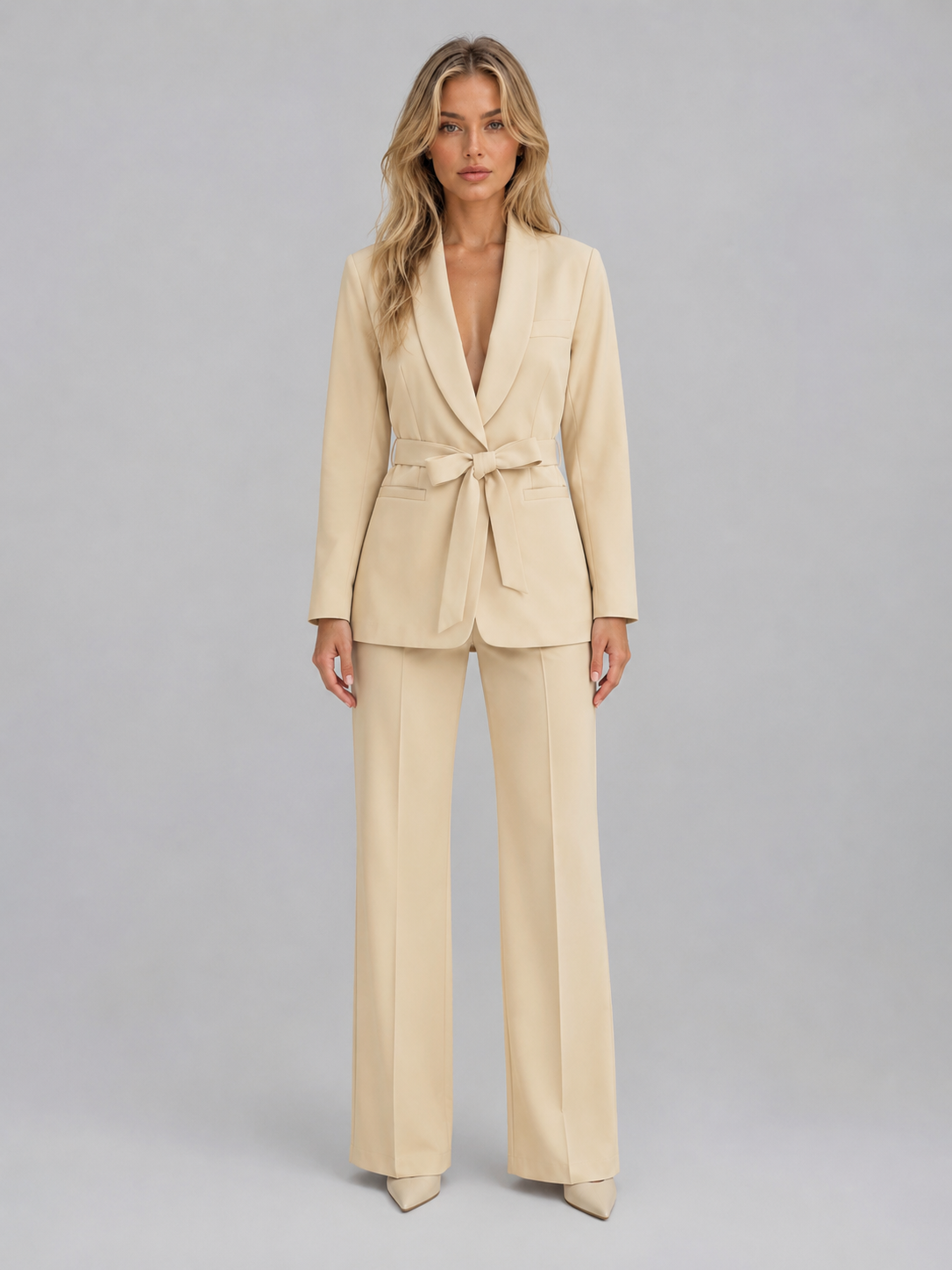 Belted Blazer and Wide-Leg Trousers Suit Set, view 3