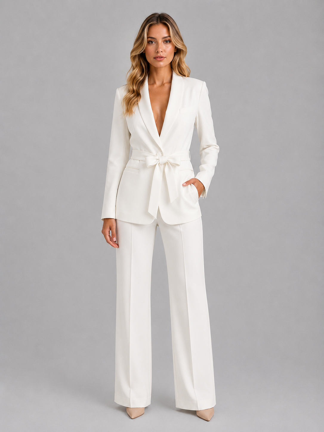 Belted Blazer and Wide-Leg Trousers Suit Set, view 9