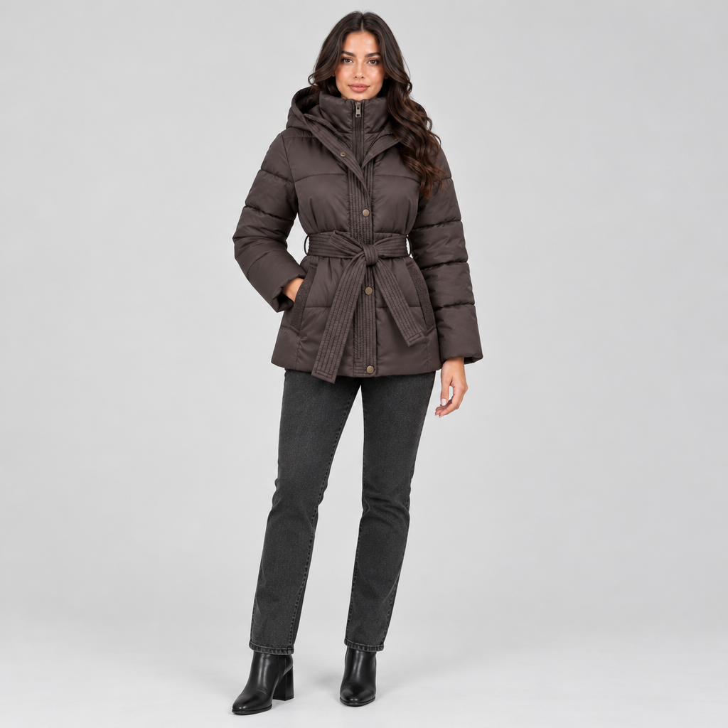 Woman wearing the Belted Quilted Puffer Coat with Hood