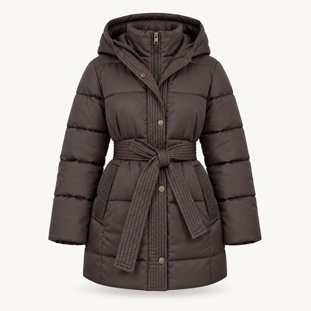 Belted Quilted Puffer Coat with Hood, view 2