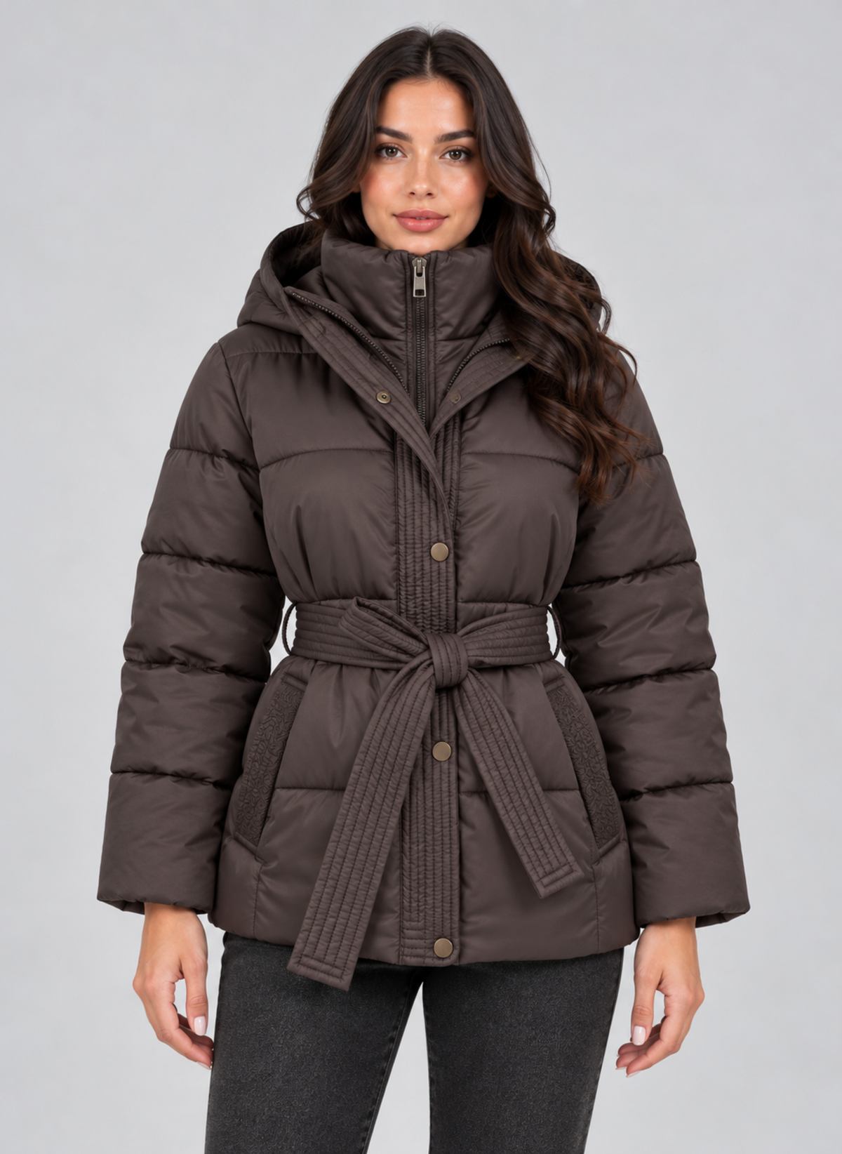Belted Quilted Puffer Coat with Hood, view 3