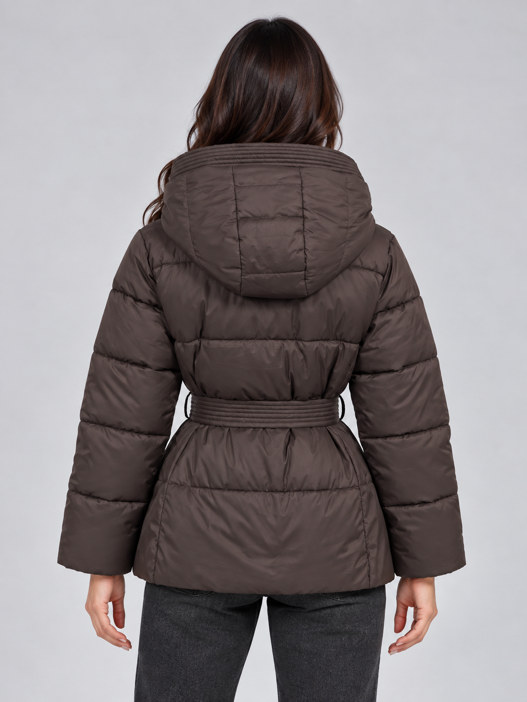 Belted Quilted Puffer Coat with Hood, view 4