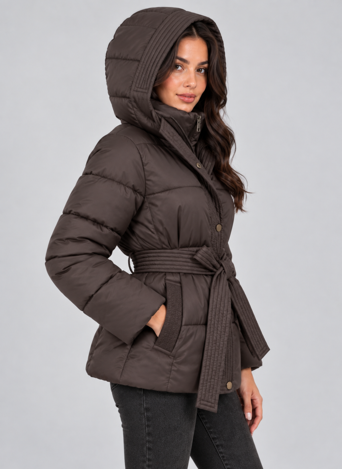 Belted Quilted Puffer Coat with Hood, view 5