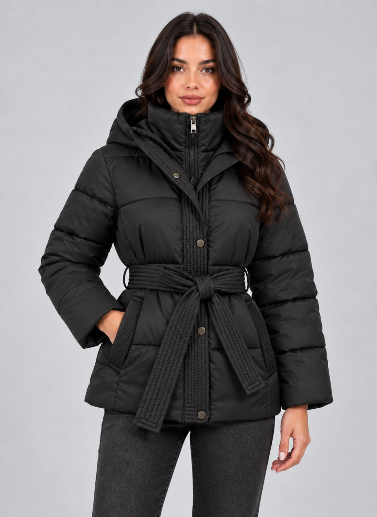 Belted Quilted Puffer Coat with Hood, view 6