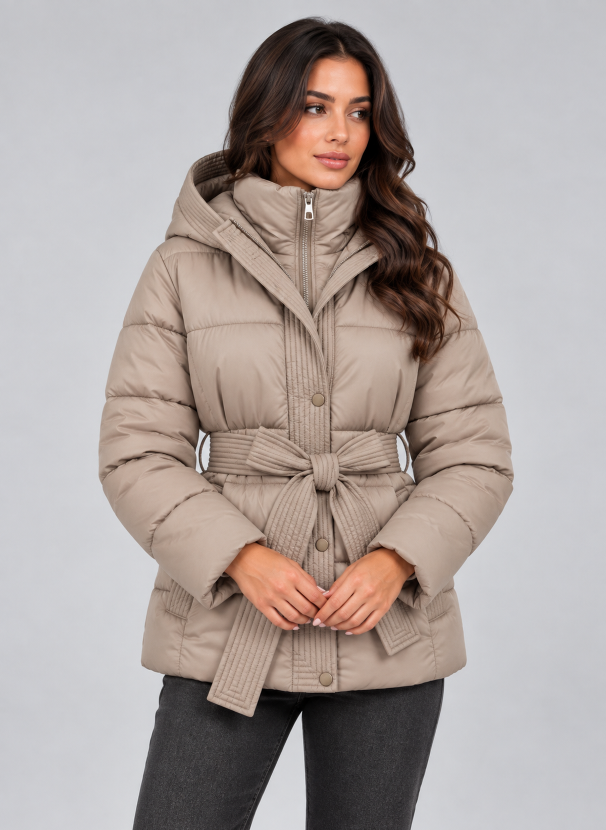 Belted Quilted Puffer Coat with Hood, view 7