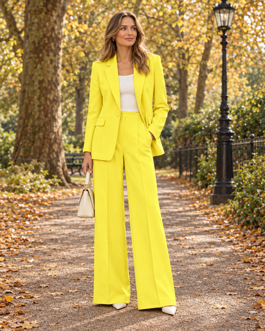 Woman wearing the Blazer and Wide-Leg Trouser Set in a London park in autumn