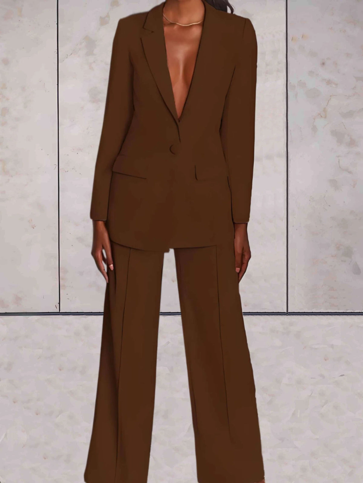 Blazer and Wide-Leg Trouser Set in Brown