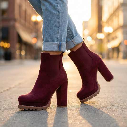 Women's block heel ankle boots in Wine Red