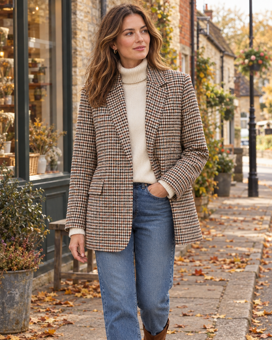 Woman wearing the Check Boyfriend Blazer on an English village high street in autumn