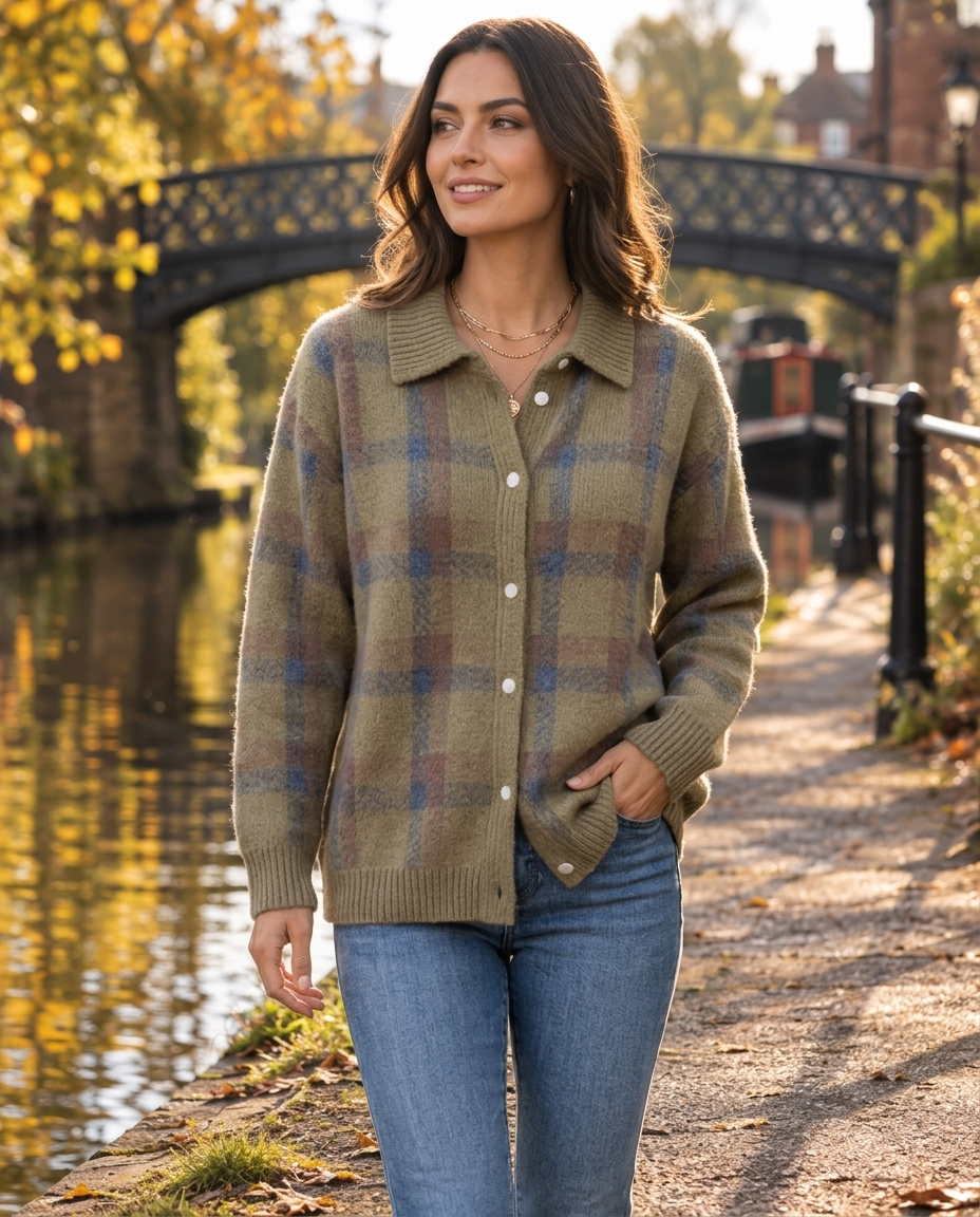 Woman wearing the Check Knit Cardigan on an autumn street in the UK