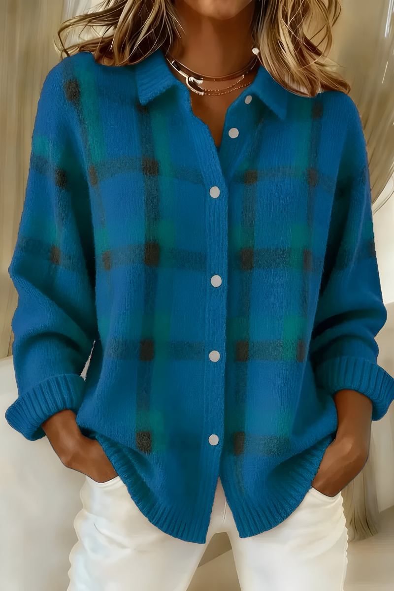 Check Knit Cardigan in Blue