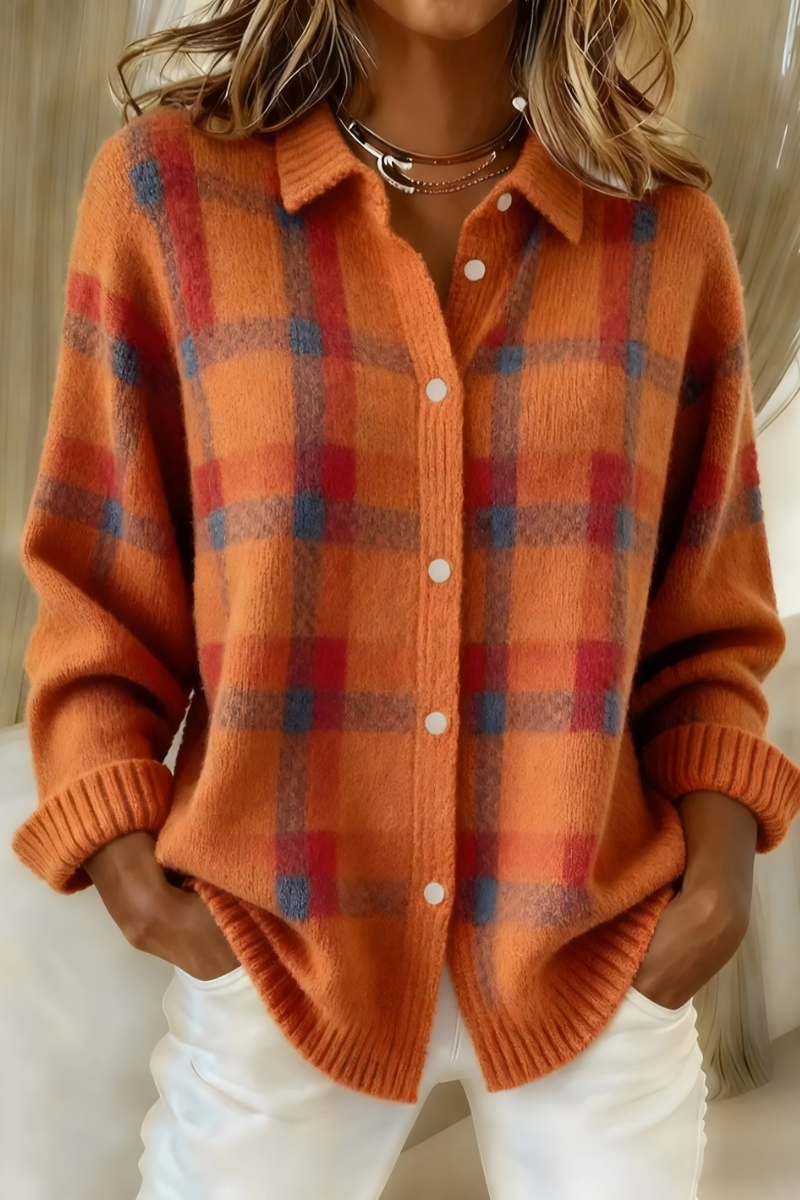 Check Knit Cardigan in Orange