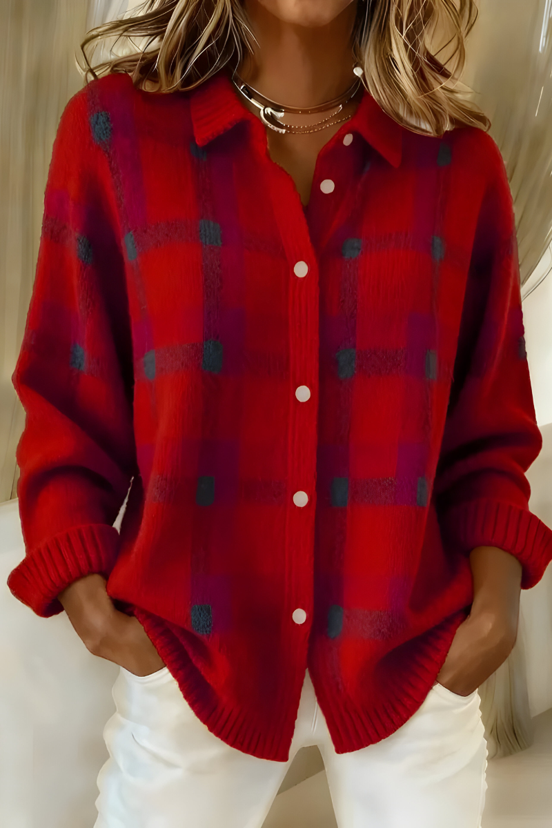 Check Knit Cardigan in Red