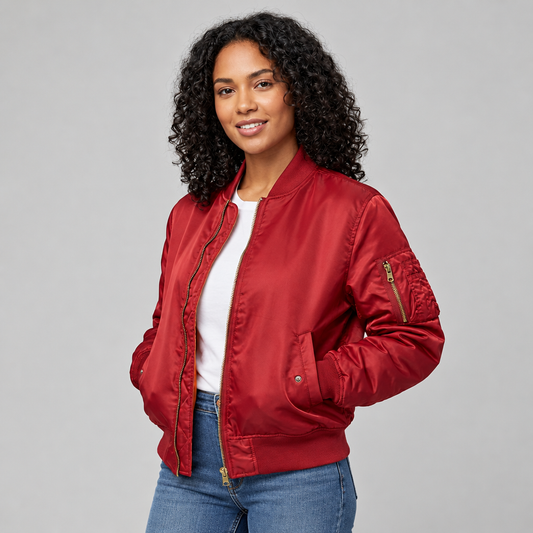 Woman wearing the Classic Satin Bomber Jacket with Utility Pockets