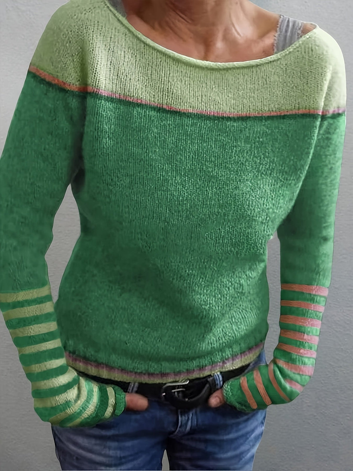 Colour-Block Striped Jumper in Green