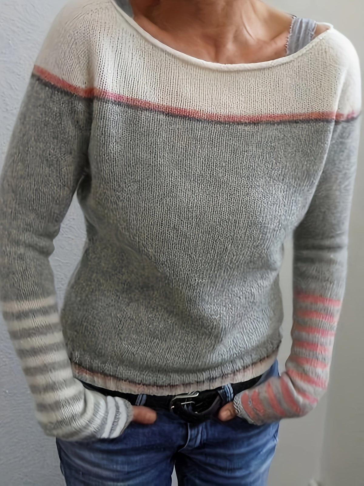Colour-Block Striped Jumper in Grey
