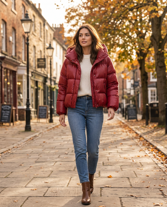 Woman wearing the Cropped Puffer Jacket on an autumn street in the UK