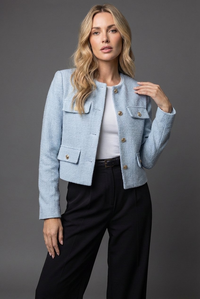 Women's cropped tweed blazer in Light Blue