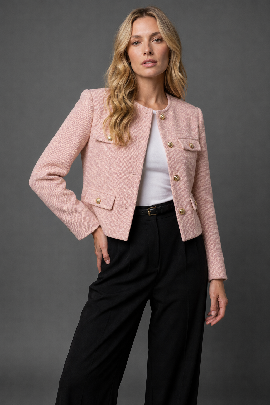 Women's cropped tweed blazer in Light Pink