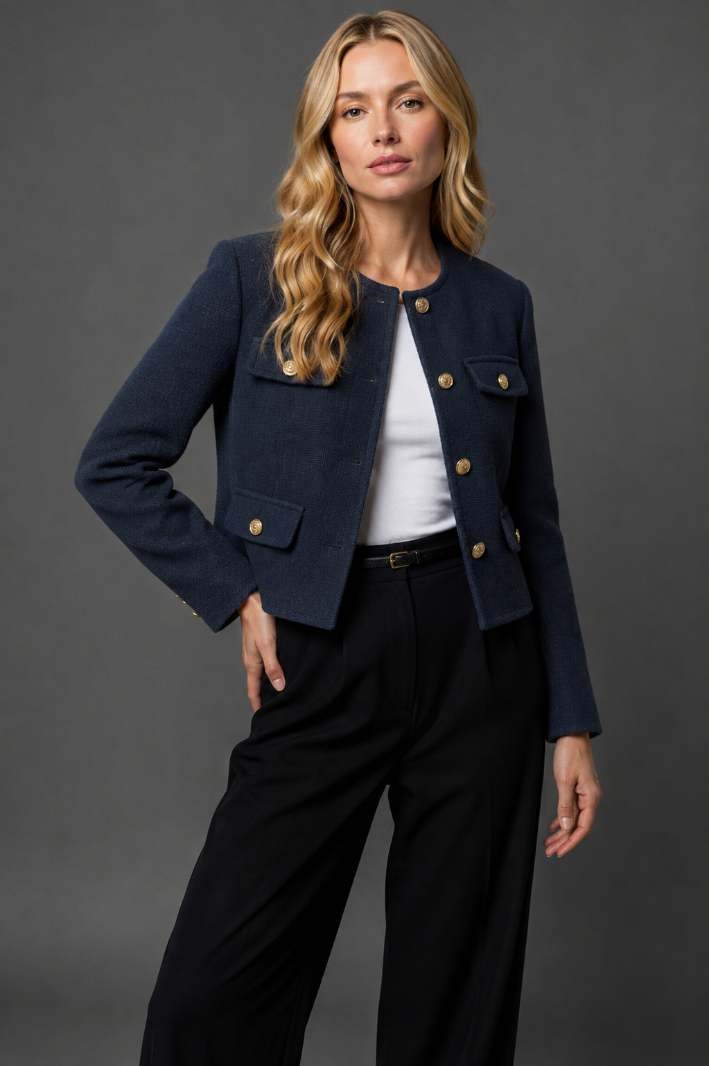 Women's cropped tweed blazer in Navy Blue