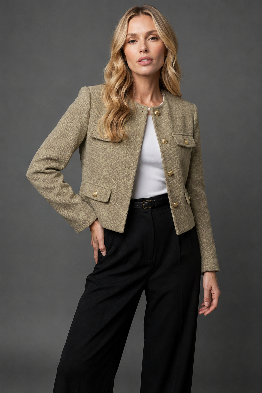 Women's cropped tweed blazer in Olive