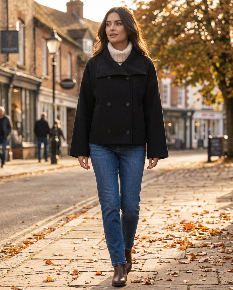 Woman wearing the Double-Breasted Short Coat on an autumn street in the UK