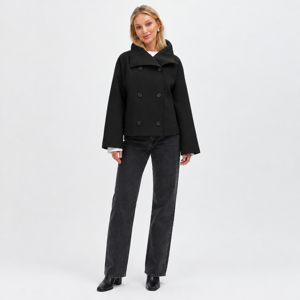 Double-Breasted Short Coat in Black