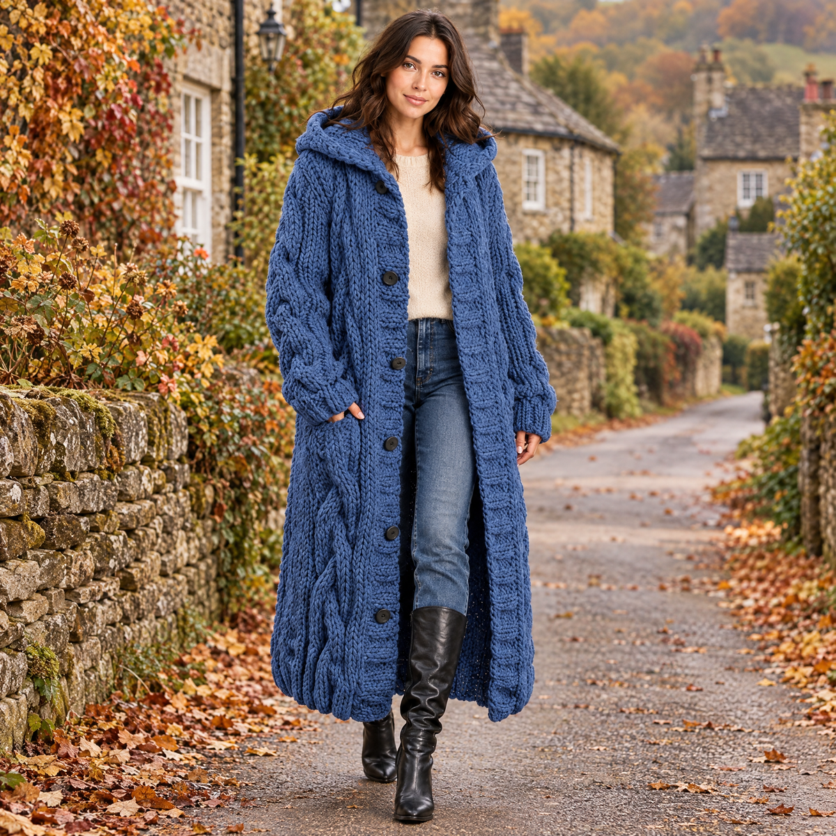Woman wearing the Hollis long hooded chunky cable knit cardigan