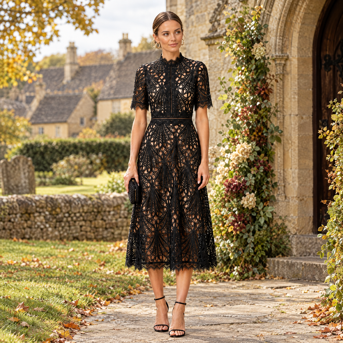 Woman wearing the Ingrid lace A-line midi wedding guest dress